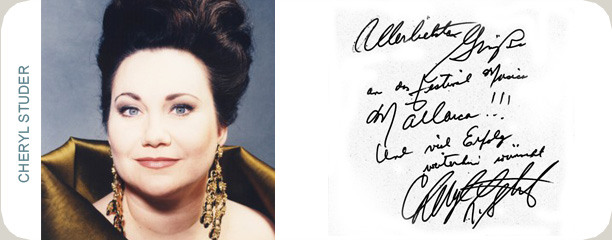 Handschriftliche Glückwunschkarte von Cheryl Studer an das Festival MúsicaMallorca