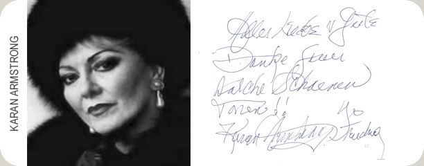 Handschriftliche Glückwunschkarte von Karan Armstrong an das Festival MúsicaMallorca
