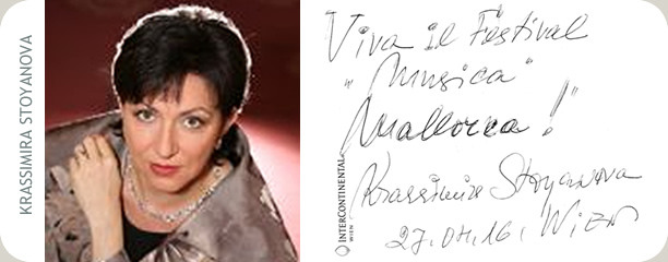 Handschriftliche Glückwunschkarte von Krassimira Stoyanova an das Festival MúsicaMallorca