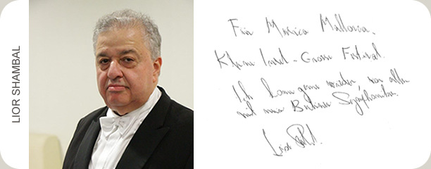Handschriftliche Glückwunschkarte von Lior Shambal an das Festival MúsicaMallorca