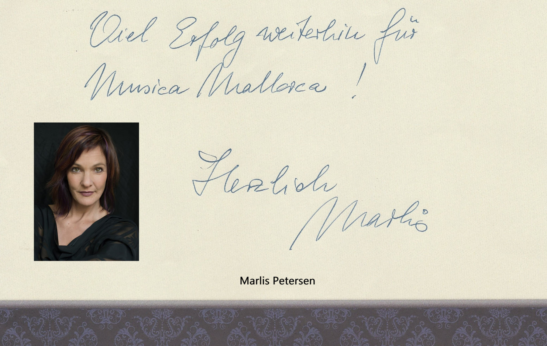 Handschriftliche Glückwunschkarte von Marlis Petersen an das Festival MúsicaMallorca