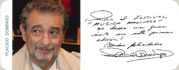 Handschriftliche Glückwunschkarte von Plácido Domingo an das Festival MúsicaMallorca